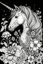 Unicorn and fantastic vintage flowers style on black background generative AI