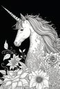 Unicorn and fantastic vintage flowers style black color poster generative AI