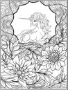 Unicorn and fantastic vintage flowers. Vector illustration.