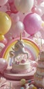 Unicorn figurine with birthday cake and balloons