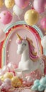 Unicorn figurine with birthday cake and balloons