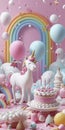 Unicorn figurine with birthday cake and balloons