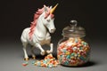 unicorn figurine with marshmallows spilled from a candy jar