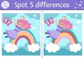 Unicorn find differences game for children. Fairytale educational activity with fairy girl sliding down the rainbow on night sky Royalty Free Stock Photo