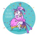 Unicorn with flamingo. Best friends forever. Vector greeting car Royalty Free Stock Photo