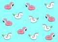 Unicorn and flamingo cartoon inflatable pool ring illustrations. Vector pattern design with cheerful hand draw characters