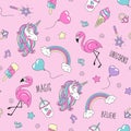 Unicorn and flamingo pattern on a pink background. Colorful trendy seamless pattern. Fashion illustration drawing in modern style