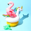 Unicorn, flamingo and pineapple swim tube on blue background. Inflatable unicorn, flamingo and pineapple