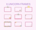 9 unicorn flat frames vector design for greeting card Royalty Free Stock Photo