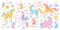 Unicorn flat illustrations set. Mythological and magical creature. Pegasus and unicorn, winged horse Royalty Free Stock Photo