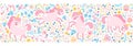 Unicorn in flower fairy forest seamless border pattern. Vector cartoon cute characters in simple childish hand-drawn Royalty Free Stock Photo