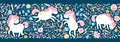 Unicorn in flower fairy forest seamless border pattern. Vector cartoon cute characters in simple childish hand-drawn Royalty Free Stock Photo