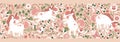 Unicorn in a flower fairy forest seamless border pattern. Vector cartoon cute characters in simple childish hand drawn Royalty Free Stock Photo