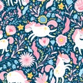 Unicorn in a flower fairy forest seamless pattern. Vector cartoon cute characters in simple childish hand-drawn Royalty Free Stock Photo