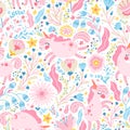 Unicorn in a flower fairy forest seamless pattern. Vector cartoon cute characters in simple childish hand-drawn Royalty Free Stock Photo