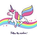 Unicorn flying across rainbow vector cute happy fairytale cartoon horse icon