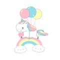 Unicorn Flying Balloons Over Rainbow Birthday Card. Happy Little Pony Hold Gift. Can be used for t-shirt print, kids Royalty Free Stock Photo