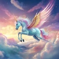 Unicorn flying over the clouds colorful caricature realistic bright Generative AI