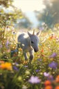 Unicorn foal in a field of colorful wildflowers