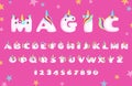 Unicorn font. Cartoon style alphabet with cute unicorn horn and rainbow hair. Magic letters and numbers with shiny stars Royalty Free Stock Photo
