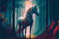 Unicorn in the forest. Fantasy fantasy illustration. Digital painting.