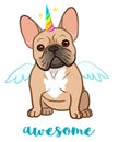 Unicorn french bulldog with rainbow horn and wings vector cartoon illustration. Cute funny chubby puppy isolated on white. Royalty Free Stock Photo