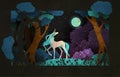 Unicorn in front of magic forest, night sky clouds and moon. Fairy tale illustration Royalty Free Stock Photo