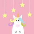 Unicorn Hanging stars dash line. Pastel color rainbow hair, white daisy chamomile. Flat lay design. Cute cartoon kawaii baby chara