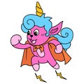 The unicorn with the happy laughing face is flying as a superhero, doodle icon image kawaii