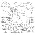 A unicorn in a hat walks across the pumpkin field. Magic fairy horse. Halloween theme. Coloring book page for kids. Cartoon style