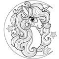 Unicorn head Black and white linear drawing. Vector Royalty Free Stock Photo