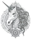 Unicorn head, black white outline for coloring book page, AI generative coloring card