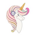 Unicorn head with flower. Beautiful portrait of a magic horse for design, postcard, invitation, children s party