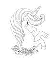 Unicorn head with flowers. Beautiful portrait of a magic horse. Drawing coloring book for a girl, linear sketch for design. Vector Royalty Free Stock Photo