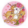 Unicorn head with long mane and roses. Vector illustration