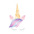 Unicorn head with rainbow mane, lashes, ears, corn watercolor clipart. Hand painted illustration.