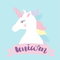 Unicorn head silhouette . Vector hand drawn Inspirational illustration for print, banner, poster. Magic everywhere