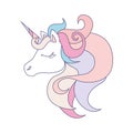 Unicorn head on white background. Cute magic cartoon fantasy animal. Rainbow horn, pink and blue hair. Dream symbol Royalty Free Stock Photo