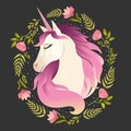 Unicorn head in wreath of flowers. Watercolor illustration