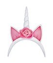 Unicorn headband with horn, cute funny ears and beautiful rose flower