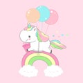 Unicorn Holding Present Over Rainbow Birthday Card. Happy Little Pony Fly on Balloon. Child Holiday Greeting Magic Royalty Free Stock Photo