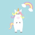 Unicorn holding rainbow cloud baloon. Kawaii face. Pastel color hair, daisy chamomile flower. Flat lay design. Cute cartoon baby c