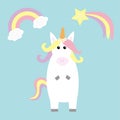 Unicorn holding rainbow cloud comet meteor shooting falling star. Kawaii face. Pastel color. Flat lay design. Cute cartoon baby ch