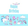 Unicorn holiday card with cake, sweets, flower, strawberry, ice-cream