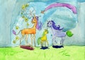 Unicorn horse family with their foal unicorn making magic.