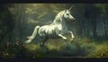 A unicorn horse rears up in a surreal deep dark forest Royalty Free Stock Photo