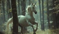 A unicorn horse rears up in a surreal deep dark forest Royalty Free Stock Photo