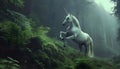 A unicorn horse rears up in a surreal deep dark forest Royalty Free Stock Photo