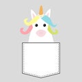 Unicorn horse sitting in the pocket. Merry Christmas. Happy New Year. Face and hands. Cute cartoon character. Hello winter. Gray Royalty Free Stock Photo