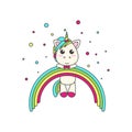 The unicorn hung on the rainbow, around confetti.